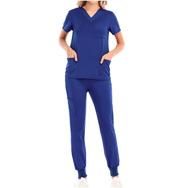 Styesk Sarraus pour Femmes Couleur Unie Ensembles de Sarraus Extensibles Pantalons de Sarrau Taille Haute Hauts de Sarrau à Col en V à Manches Courtes Ensemble 2 Pcs d'Uniformes d'Infirmière Joggers de Sarrau avec Poches