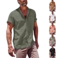 thumbnail image 1 of Men's Linen Shirts Casual Button Down Short Sleeve Shirts Summer Solid Color Loose Pocket Shirt Lapel Top Olive Green, 1 of 6