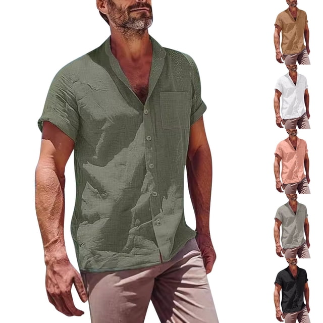Men's Linen Shirts Casual Button Down Short Sleeve Shirts Summer Solid Color Loose Pocket Shirt Lapel Top Olive Green