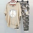 thumbnail image 1 of Jsaierl Ensembles en Lin pour Femmes 2 Pcs Imprimé Col Rond Demi-Manche Pull Chemise Hauts et Pantalons Ensemble, 1 of 8