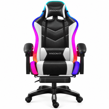 Wingomart Ergonomic Gaming Chair with Footrest, High Back Faux Leather Gaming Chair With RGB led light and Adjustable Armrest Height Adjustable Swivel