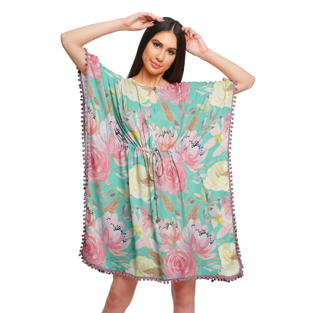 Moomaya Robe Courte de Caftan de Plage, Robe de Couverture Imprimée, Kaftan pour Femmes, Tenue de Plage, Couverture