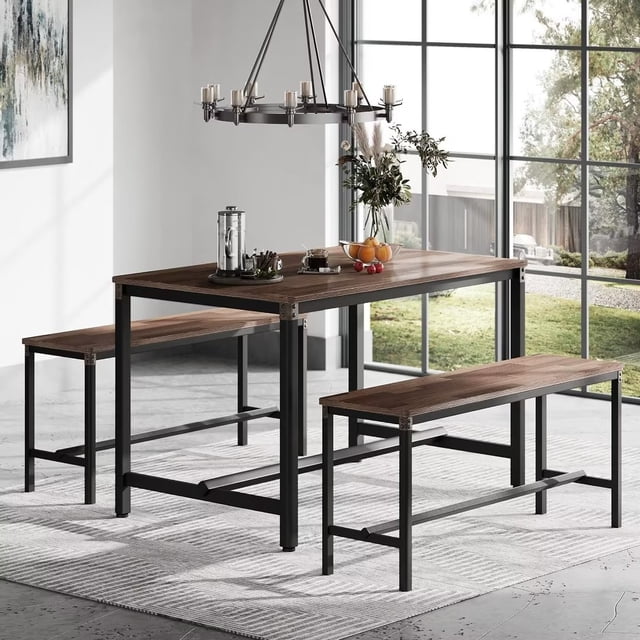 HOMOOI Dining Table Set with 2 Benches, 3-Piece Kitchen Table Set for 4 with Ergonomic Footrests, Riveted Metal Decor and Spliced Woodgrain Top, 47.2" W x 29.5" D x 29.5" H
