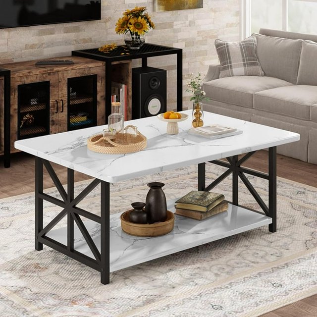 AWQM Table Basse d'Angle Ronde, Table Basse Moderne à Double Étagère de Rangement, Table Basse en Marbre Style Moderne pour Salon, Blanche