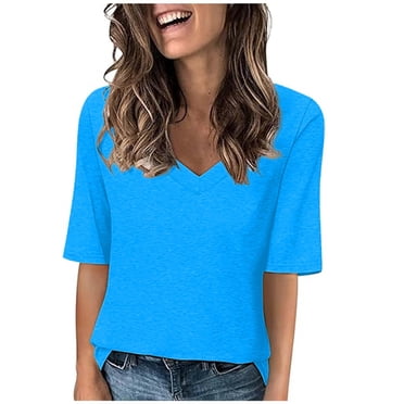AherBiu T-Shirts pour Femmes, Couleur Unie de Base, Col en V, Manches 1/2, Coupe Ample, T-Shirts d'Été Confortables, Hauts