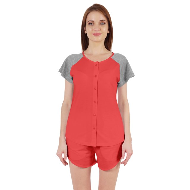 Inkmeso Solid 2 Pc Nightwear Set For Women Raglan Sleeves Button-Down Top & Shorts Sleepwear-17