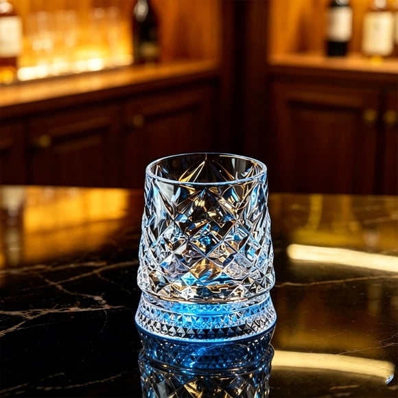 SSZMDLB Rotating Whiskey Glass With Ambient Lighting Crystal Drinking Glass Vintage Ribbed Color LED Light Up Barware for Home Bar Party Decor Cool Drinkware