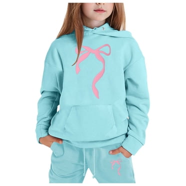 Ediodpoh Ensemble de Vêtements pour Enfants Filles Tenues & Ensemble Adorable Ensemble de Chandail à Capuchon pour Enfants avec Imprimé Nœud pour Filles à la Mode Ensembles de Tenues pour Filles Bleu Pâle 6-7 Ans