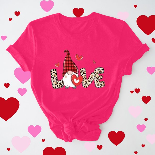 Meichang T-Shirt de la Saint-Valentin pour Femmes, Mignon T-Shirt à Imprimé Cœur, Manches Courtes, Col Rond, Hauts Mignons, Coupe Ample, T-Shirts de Fête, Saint-Valentin