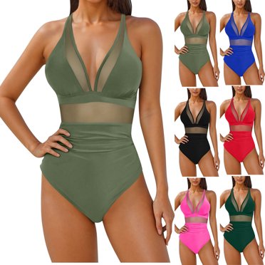 VBTAPA Womens One Piece Swimsuits Tummy Control V Neck Bathing Suits Sheer Mesh Swim Suits Full Coverage Swim Suit for Women Today's Sales Black M