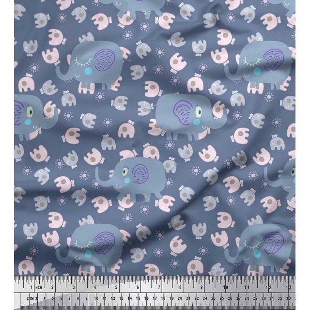 Soimoi Japan Crepe Satin Fabric Cute Elephant Kids Printed Fabric 1 Yard 42 Inch Wide