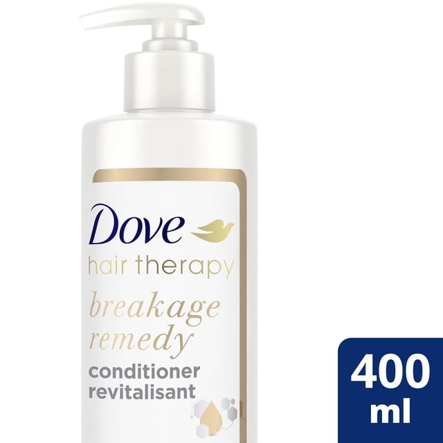 Dove Breakage Remedy Conditioner in a white 400 ml pump bottle with gold and navy text, formulated for hair therapy to strengthen hair and reduce breakage, ideal for daily hair care routines.