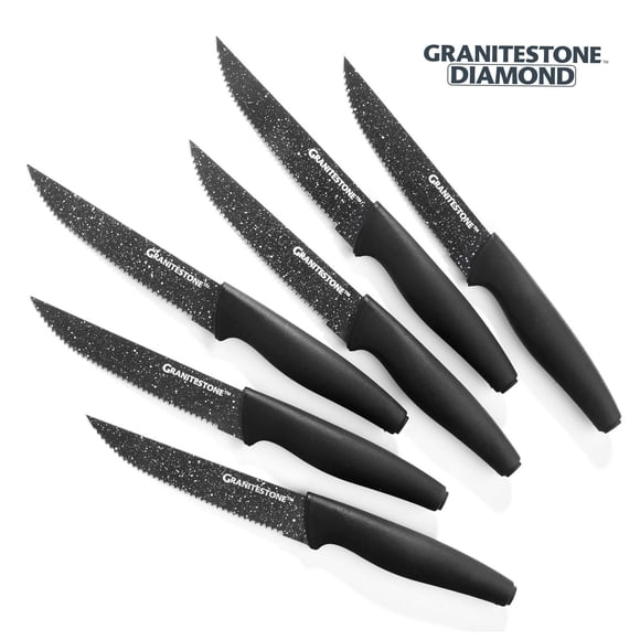 Granitestone 6 Piece Premium Steak Knife Set – Razor Sharp Serrated Stainless Steel Blades, Nonstick Coating, Ergonomic Black Handles