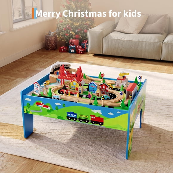 AKDSteel 2-In-1 Train Table & Study Desk, 80 Piece Wooden Activity Playset With Tracks, Railway, Trains, And City Accessories, Perfect Gift For Toddler Boys And Girls Ages 3+