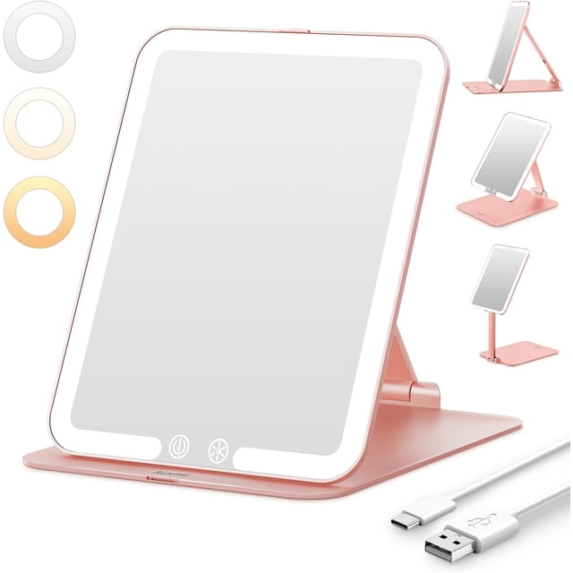 Miroir de Maquillage de Voyage Rechargeable, Miroir de Maquillage de Voyage Portable Éclairé avec Modes de Couleur, à Intensité Réglable, Miroir Compact de Table à DEL pour Coiffeuse avec Écran Tactile
