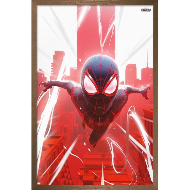 Marvel's Spider-Man: Miles Morales - Falling Wall Poster, 22.375" x 34" depicting Miles Morales in his black and red Spider-Man suit diving through a red cityscape with white web trails and glowing eyes, printed on glossy poster paper suitable for bedroom or office wall decor.