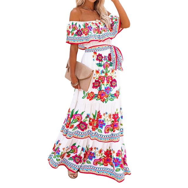 MAWCLOS Femmes Été Plage Robe Soleil Floral Imprimé Maxi Robes de l'Épaule Longue Robe en Vrac Vacances Manches Courtes Floral 3XL