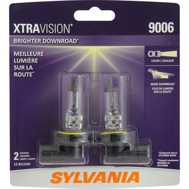 SYLVANIA 9006 XtraVision halogen headlights in retail packaging featuring two clear bulbs with black bases and yellow sealing rings, engineered for brighter downroad visibility with no added glare, suitable for automotive exterior lighting replacement in Canada.