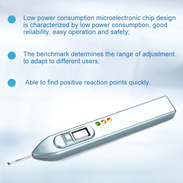 Points Detector, Automatic Ear Detection Pen by Zaqw, featuring a sleek silver design with a pointed tip and built-in indicator lights. This auricular points detector is designed to locate sensitive points on the ear, diagnose health conditions, and enhance acupressure effects. It includes a low-power microelectronic chip for reliable operation, an automatic warning sound system, and adjustable settings for different users. Ideal for health practitioners and aesthetics, it measures approximately 18 x 8 x 5 cm and weighs 175g.