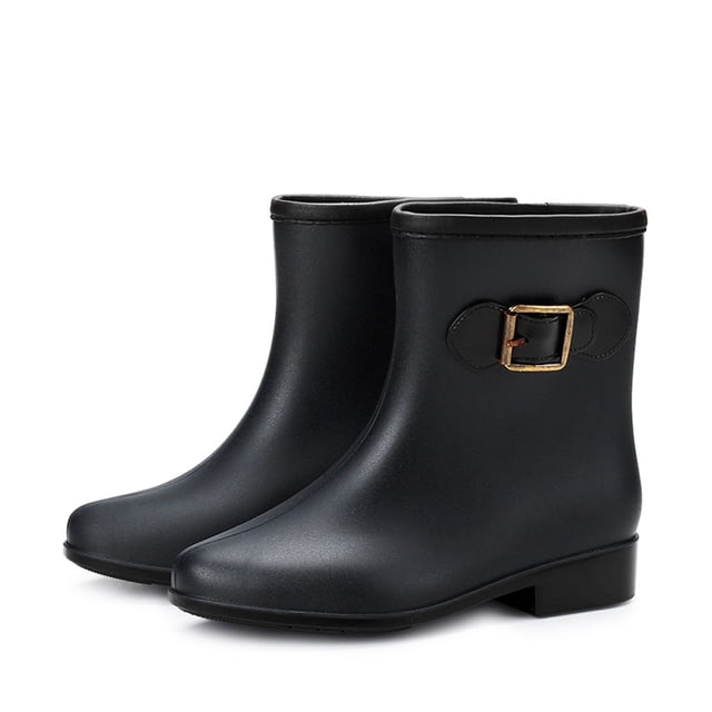 LSLJS Women Non-Slip Solid Color Rain Shoes Fashion Plastic Low Heel Hasp Mid Boots, featuring a sleek black PVC upper with a decorative gold buckle detail. These waterproof women's rain boots have a low heel and anti-skid sole, designed for casual and outdoor use in wet conditions. Suitable for gardening, walking, or rainy day outings.