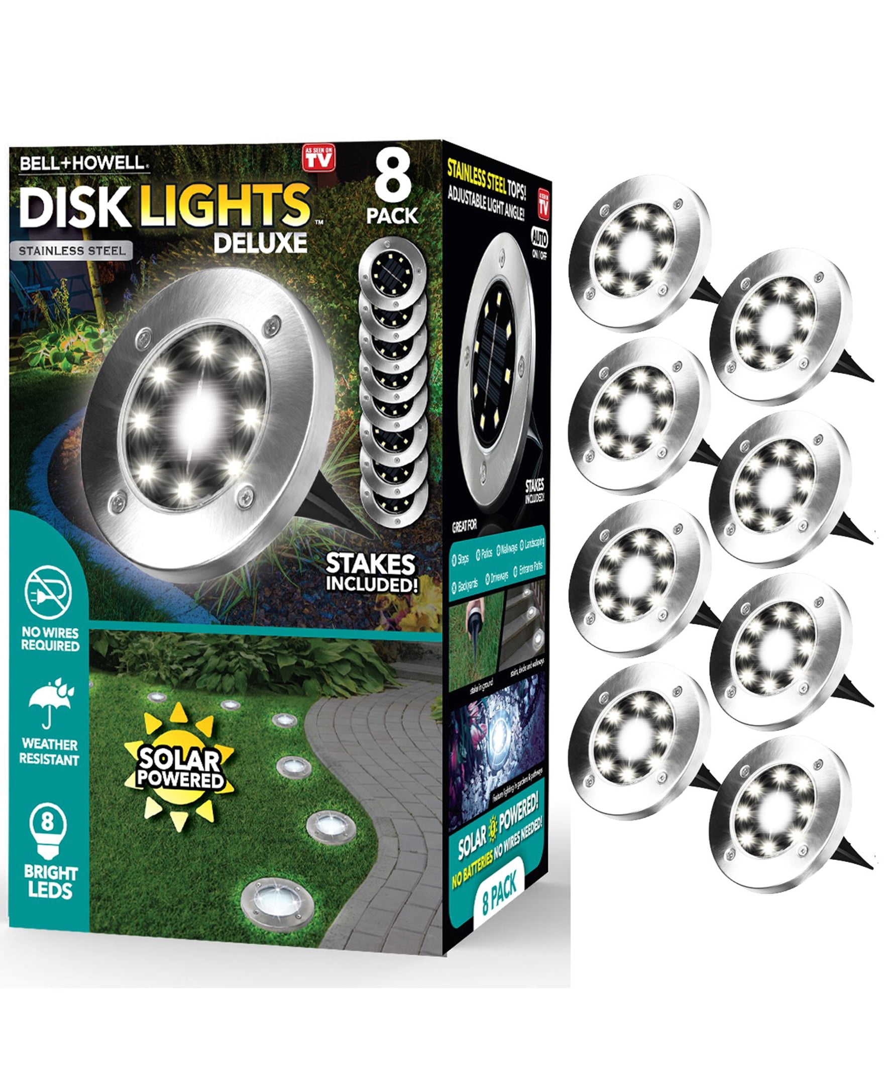 Bell+Howell Disk Lights, Heavy Duty Outdoor Solar Pathway Lights, 8 LED with Included Stake