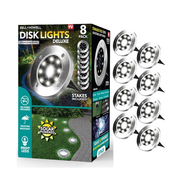 Bell+Howell Lampes à Disque, Lampes Solaires d'Extérieur Robustes pour Allées, avec 8 Lumières DEL au design durable en Acier Inoxydable et Piquets Inclus. Ce Lot de 8 Lampes à Énergie Solaire Résistantes aux Intempéries Est Parfait pour Éclairer les Allées, les Jardins Ou les Espaces Extérieurs.