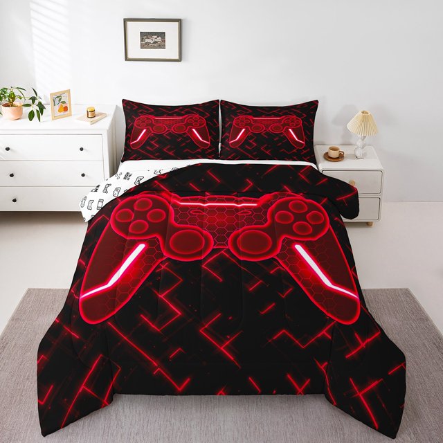 Erosebridal Red Gamepad Bedding Twin Comforter Set, Gradient Geometry Down Comforter, Gaming Sports Decor, Breathable 2pcs