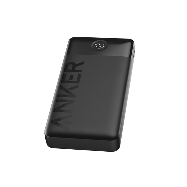 Anker 335 Power Bank with 20000mAh capacity in black, featuring a digital battery percentage display and the Anker logo on its smooth rectangular body, offering rapid 12W charging and simultaneous charging for two devices, suitable for smartphones and tablets.