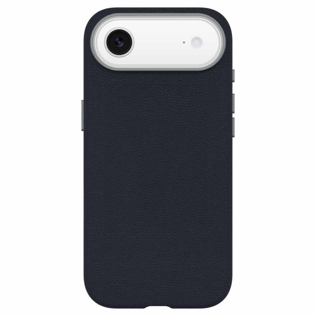 OtterBox Symmetry Cactus Leather MagSafe Case w/Camera Control Riverside (Blue) for iPhone Air, rear view featuring blue cactus-based leather texture, metal camera crown, metal side buttons, slim profile with built-in MagSafe magnets, and felt inner backing for durable drop protection.