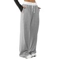 thumbnail image 2 of Women'S Contrast Color Waistband Sweatpants Wide Leg Pants with Drawstring Buckle Light Linen Gray L, 2 of 8