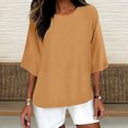 thumbnail image 2 of QATAINLAV Ventes Prime de la Rentrée, T-Shirts Surdimensionnés pour Femmes Manches 3/4 Col Rond Hauts Décontractés Amples T-Shirts Basiques Blouse en Coton et Lin Tenues Tendance Été 2025 Café TG, 2 of 5