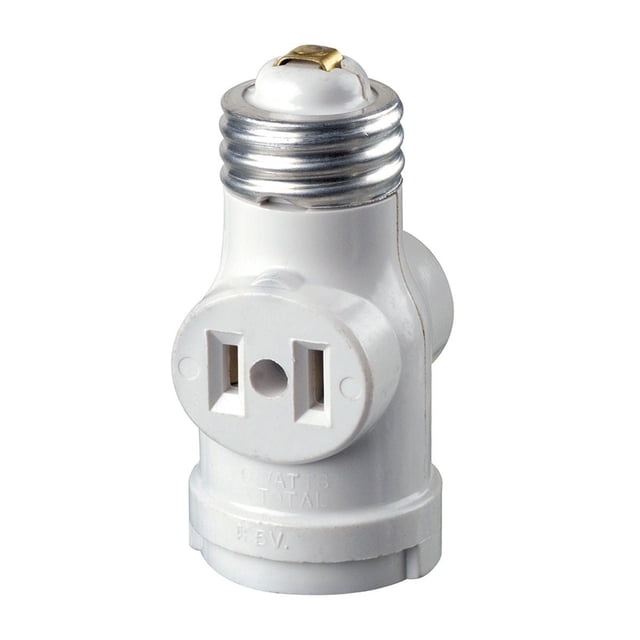 Leviton 2-outlet Socket Adapter with a white keyless lampholder base and metal screw-in top, featuring two 15 Amp, 125V outlets that convert a single lampholder socket into a socket plus two outlets, shown in a front 3/4 view on a white background, suitable for expanding electrical access in home improvement projects.