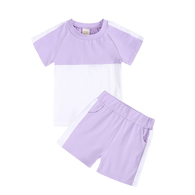 Économies d'Automne! HVOBTTY Ensemble Décontracté 2 Pcs pour Fille à Manches Courtes, Ensemble 2 Pcs pour Fille à Couleur Unie avec Encolure Ronde Filetée, Manches Courtes et Shorts Violet, 90