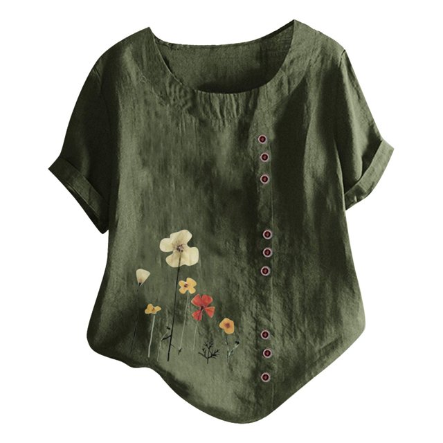 EQWLJWE Chemises pour Femmes Liquidation T-Shirts pour Femmes Femmes Manches Courtes Décontracté Col Rond Imprimé Ample Tunique à Boutons Chemise Blouse Hauts