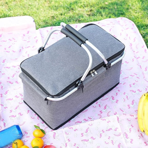 Insulated Cooler Bag with Aluminum Frame 1PC,30L Capacity Picnic BasketFoam & Cloth Construction for Food Preservation, Outdoor Events & Travel(Gray)
