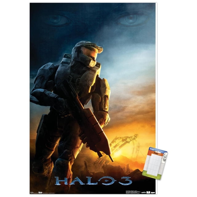 Halo 3 - Awakening Wall Poster depicting a front-facing armored soldier holding a rifle with a glowing sunset and a large ring-shaped structure in the background, printed on glossy poster paper measuring 22.375 by 34 inches, suitable for home décor or gaming spaces.