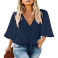 thumbnail image 1 of CHUANK Women‘s Button Down V Neck Tops Ruffled 3/4 Sleeve Tie Knot Front Blouses White Sizes S-2XL, 1 of 3