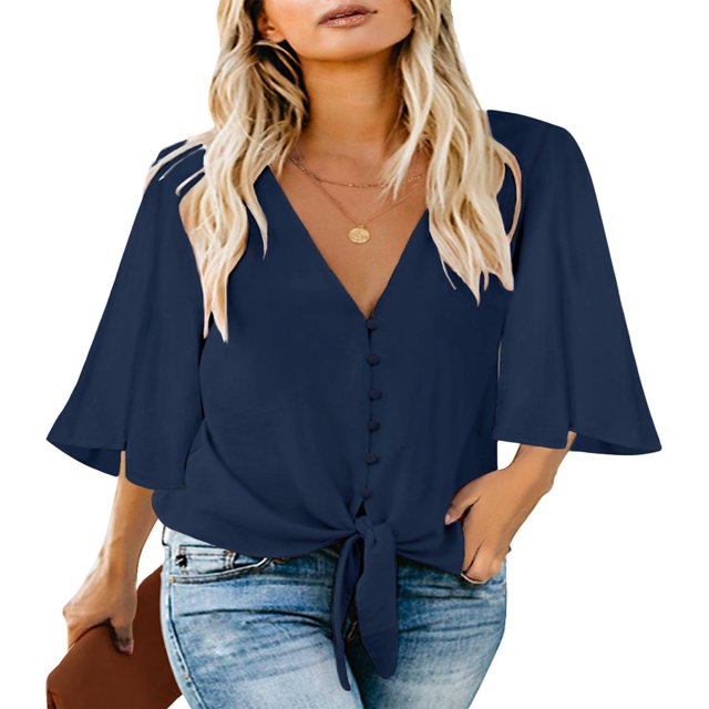 CHUANK Women‘s Button Down V Neck Tops Ruffled 3/4 Sleeve Tie Knot Front Blouses White Sizes S-2XL