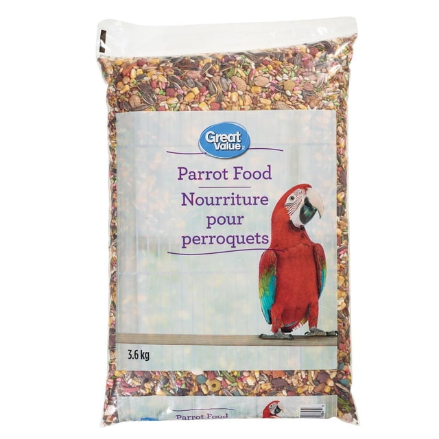 Great Value Parrot Food - 3.6 Kg clear bag containing a mix of seeds, grains, and pellets including oats, corn, safflower, and wheat, formulated as a complete and balanced diet for domestic parrots, with packaging showing a red parrot and bilingual English-French text.