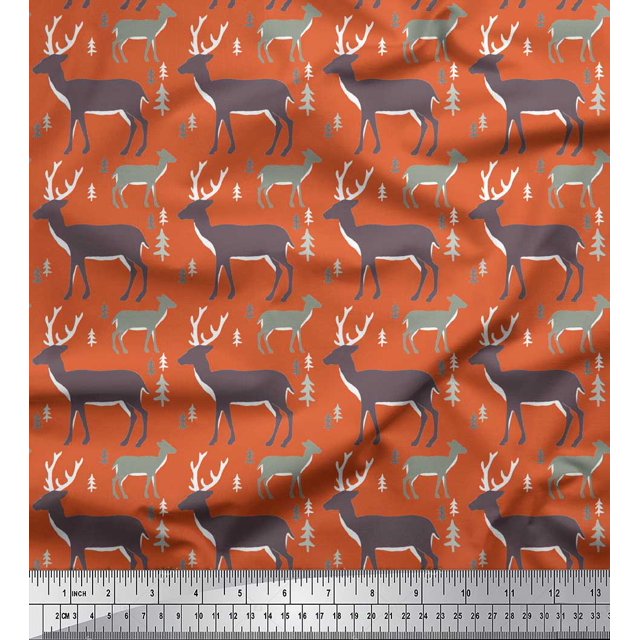 Soimoi Voile de Coton Orange Tissu Imprimé Animal Cerf au Mètre 56 Pouces de Large