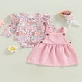 thumbnail image 2 of Infant Baby Girls Outfits Long Sleeve Ruffle Knit Heart Print Romper+ Suspender Skirt Overall Dress Set Light Pink 6-9 Months, 2 of 8