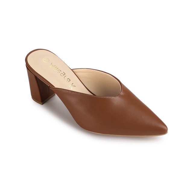 BLISSFUL STEP Mules à Talon Épais à Bout Pointu pour Femmes Brun 8