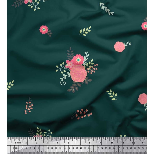 Soimoi Blue polyester Crepe Fabric Leaves & Pink Floral Decor Fabric Printed BTY 42 Inch Wide