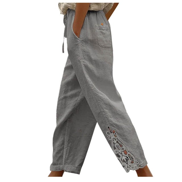 JUNWELL Women‘s Cotton Linen Lace Patchwork Design High Waist Drawstring Pocket Button Nine-Point Pants Long Pants Black 4