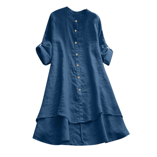 Pompotops Chemise Longue Décontractée d'Été pour Femmes, Col Rond, Ample, Couleur Unie, Boutonnée, Manches Longues, Blouse, Liquidation
