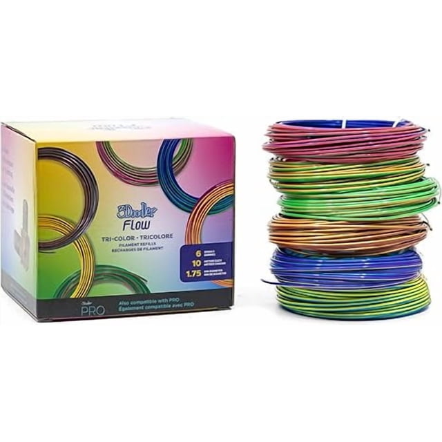 3Doodler FLOW 1.75mm refills box with stacked tri-color PLA filament spools in red, green, blue, and yellow, designed for smooth 3D pen printing and compatible with PRO 3D printer models, ideal for creative 3D printing projects.