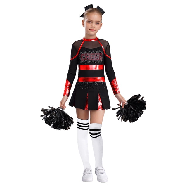 JanJean Costume de Pom-Pom Girl d'Halloween pour Filles Enfants, Uniforme de Cheerleading à Manches Longues, Robe de Danse et Ensemble de Couvre-Chef avec Pompons, Rouge et Blanc 14
