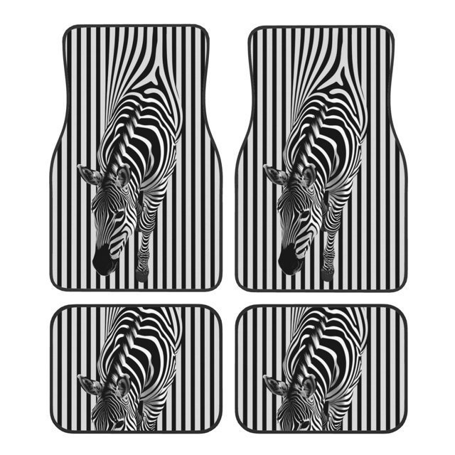 Lsque Optical Zebra Illusion Print 4-Piece Floor Mats, Heavy-Duty Rubber Liners, Anti-Slip Design, All-Season Automotive Protection, Vehicles, Cars, Trucks, and SUVs