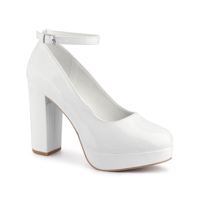 BLISSFUL STEP Escarpins à Talon Bloc pour Femmes Plateforme Bride à la Cheville Bout Rond Talon Blanc 9