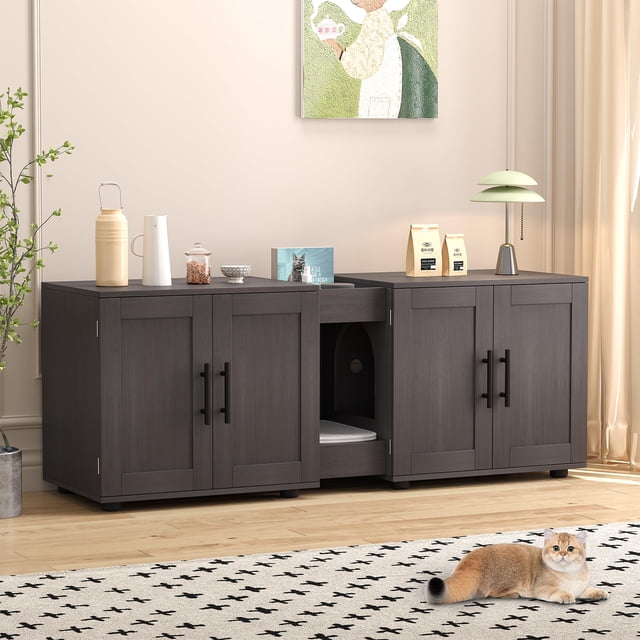 Litter Box Enclosure for 2 Cats, Cat Hidden Litter Box Enclosure Furniture with Double Room, Wooden Enclosed Cat Litter Box Furniture
